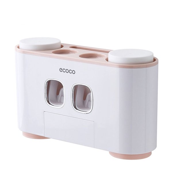 Yuarrent Juego de soporte para de dientes, dispensador automático multifunción, a prueba de polvo, montado en la pared, accesorios de Almacenamiento y organización del hogar Rosado