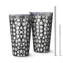 16oz Tumblers Black Daisy Flower Pattern Stainless Steel Vacuum Insulated Double Wall Travel Tumbler Cups Mug with Lid and Straw,Cleaning Brush for Coffee,Tea