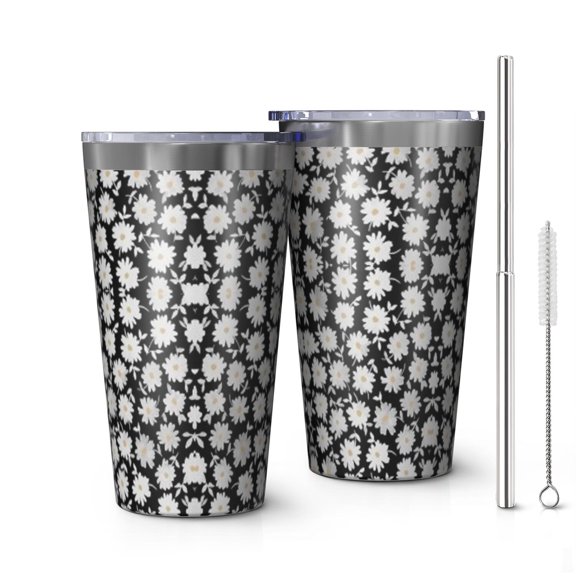 16oz Tumblers Black Daisy Flower Pattern Stainless Steel Vacuum Insulated Double Wall Travel Tumbler Cups Mug with Lid and Straw,Cleaning Brush for Coffee,Tea