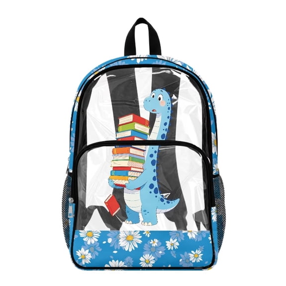 SEANATIVE PVC School Bag for Kids Clear Daypack Transparent Backpack See Through Bookbag Stylish Clear Bag with Front Pocket for Boys Girls, Cartoon Brachiosaurus Dinosaur Book Daisy Blue