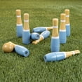 thumbnail image 2 of Lawn Bowling Game/Skittle Ball- Indoor/Outdoor Fun for Kids, Adults –10 Wooden Pins, 2 Balls & Mesh Bag Set by Hey! Play! (8 Inch - Blue /White), 2 of 6