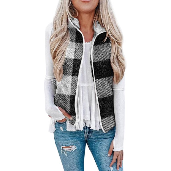 JURANMO Womens Fuzzy Fleece Lined Vest,Women's 2024 Fall Winter Classic Sleeveless Stand Collar Coat Trendy Full Zip Up Color Block Plaid Printing Warm Jackets Vest Outerwear with Pockets