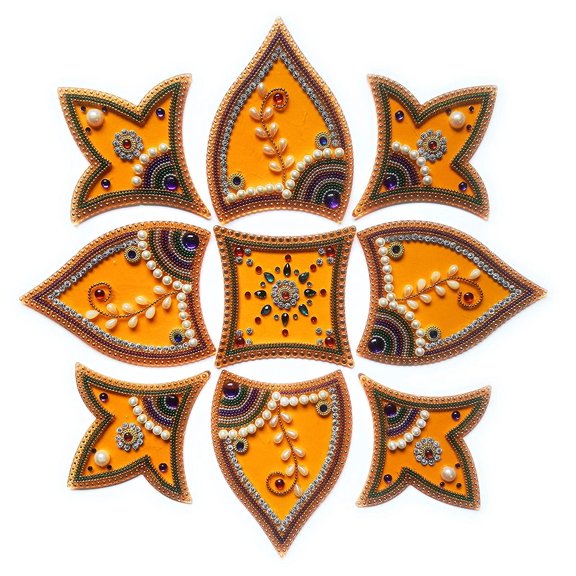 FineArt Handcrafted Decorative Rangoli Set Multicolor Jewel Stone/Kundan Decorations on Yellow Acrylic Base 9 Piece Design Set - for Home Dcor