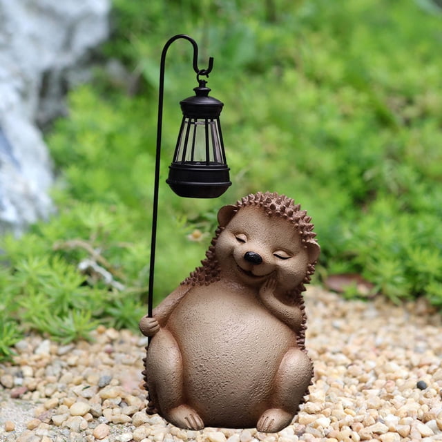 Estatua de jardín con luz Solar, figura de erizo con lámpara de linterna, luz nocturna, escultura de Animal de resina para Patio para mamá y abuela Marrón