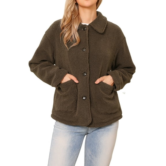 INSPIRE CHIC Faux Fur Jacket for Women's Peter Pan Collar Button Down Winter Warm Fuzzy Coat XS Brown