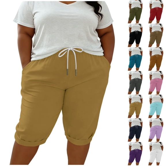 MLCDZ Long Shorts for Women Plus Size Knee Length Bermuda Shorts Baggy Casual High Waist Drawstring Wide Leg Beach Resort Pants