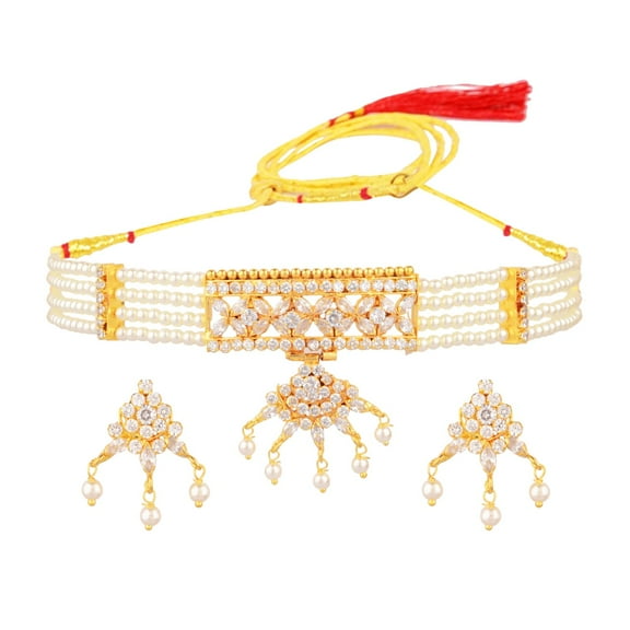 Efulgenz Indian Jewelry Set CZ Cubic Zirconia Faux Pearl Multicolor Layered Strand Beaded Choker Necklace Earrings Set, White