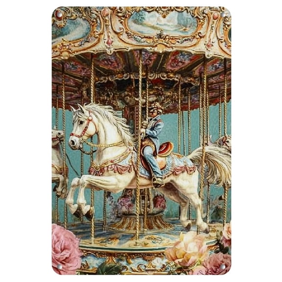 Vintage Carousel Metal Sign - 8x12 inches - Colorful Horses & Floral Decor, Ideal for Bedroom, Art Studio, Museum - Durable Iron, Perfect for Home, Bar, Cafe, Garage - Retro Wall Art Gift