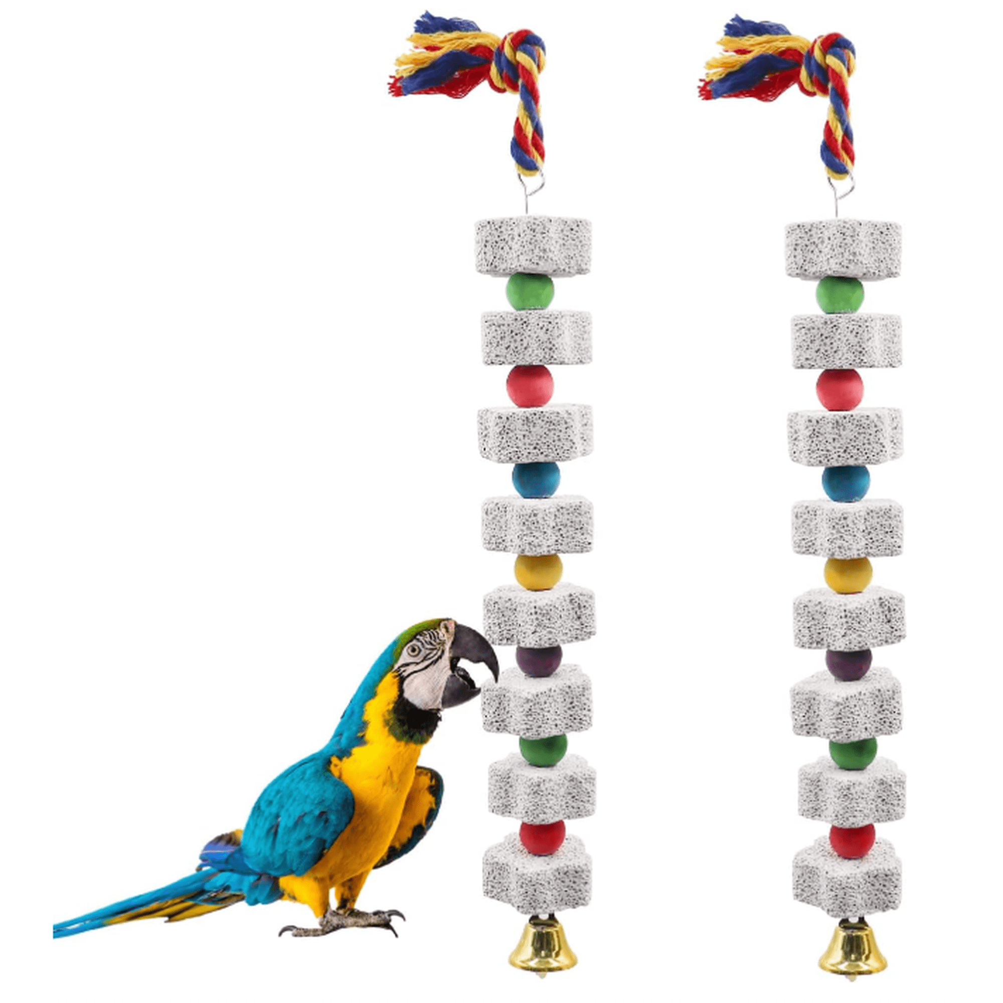 2-piece set of large bird chew toys, parrot beak grinding calcium stone with bell, birdcage accessories, parrot, puppy, mouse, hamster, dragon cat, rabbit, African gray cage toys