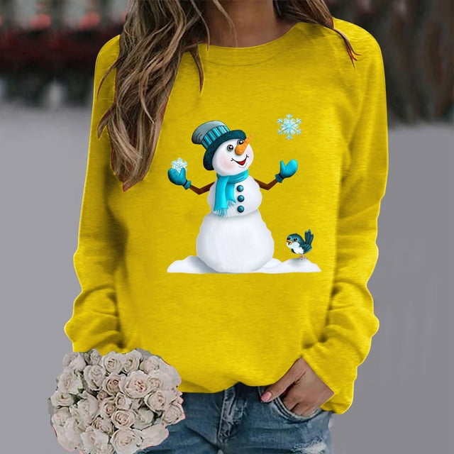Jienlioq Hauts pour Femmes Mode Décontractée Imprimé de Noël Col Rond Ample Manches Longues Chandail en Molleton Blouse Cyberlundi