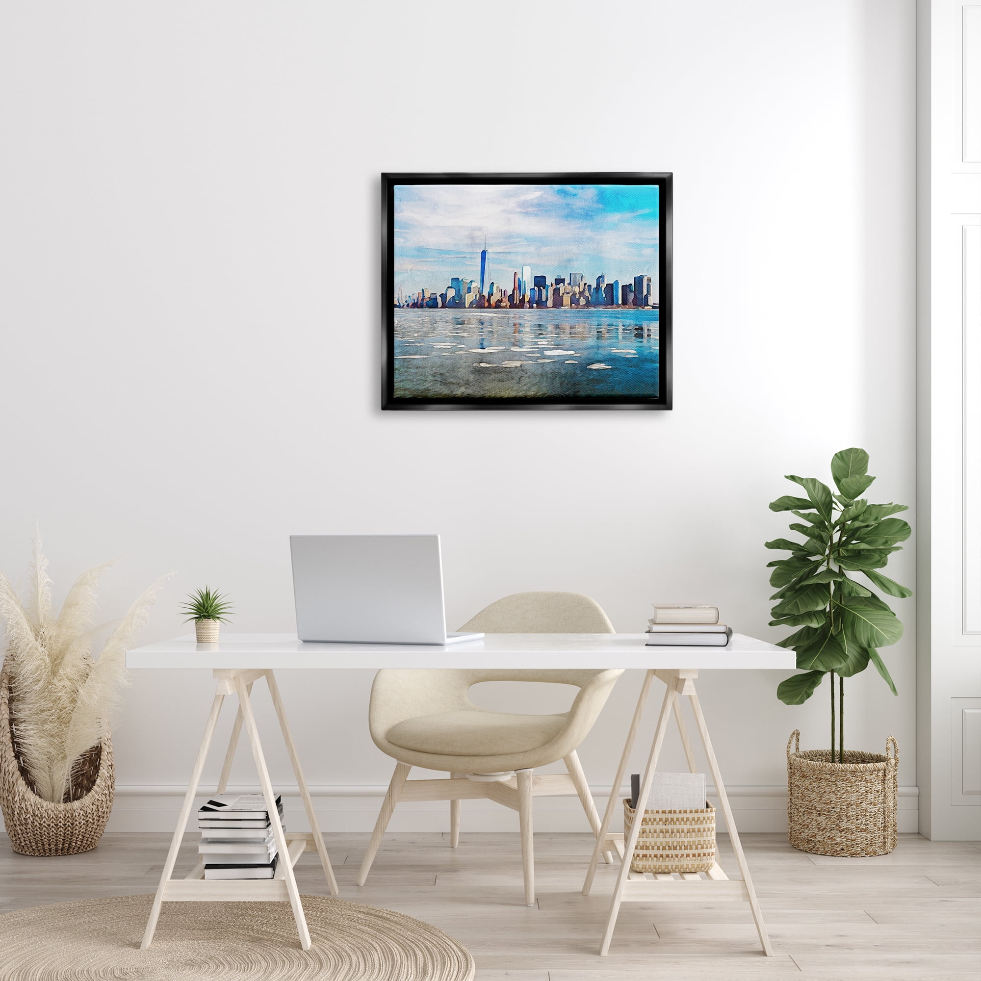 Stupell Distant New York City Skyline Buildings Travel & Places Painting Black Floater Framed Art Print Wall Art