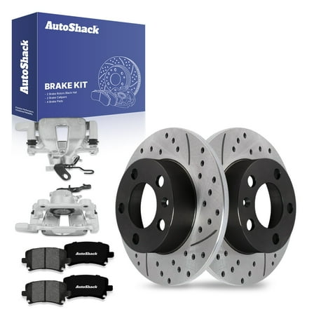 AutoShack Rear Drilled & Slotted Brake Rotors Premium Ceramic Brake Pads Calipers | Replacement for 2007-2009 VW Jetta 2010 Golf 2.0L 2.5L FWD | E-Coated | 8-PC Brake Kit | ShadowGuard