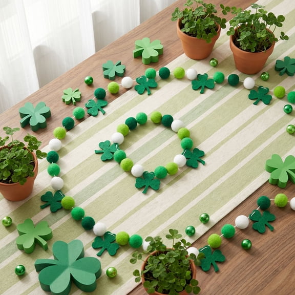 St Patricks Day Decorations Felt Pompom Banner Cute 3D Lucky Green Shamrocks Felt Ball Pre-Assembled Hanging Banner Happy St. Patrick's Day Garland for Mantle, Wall, Party Supplies