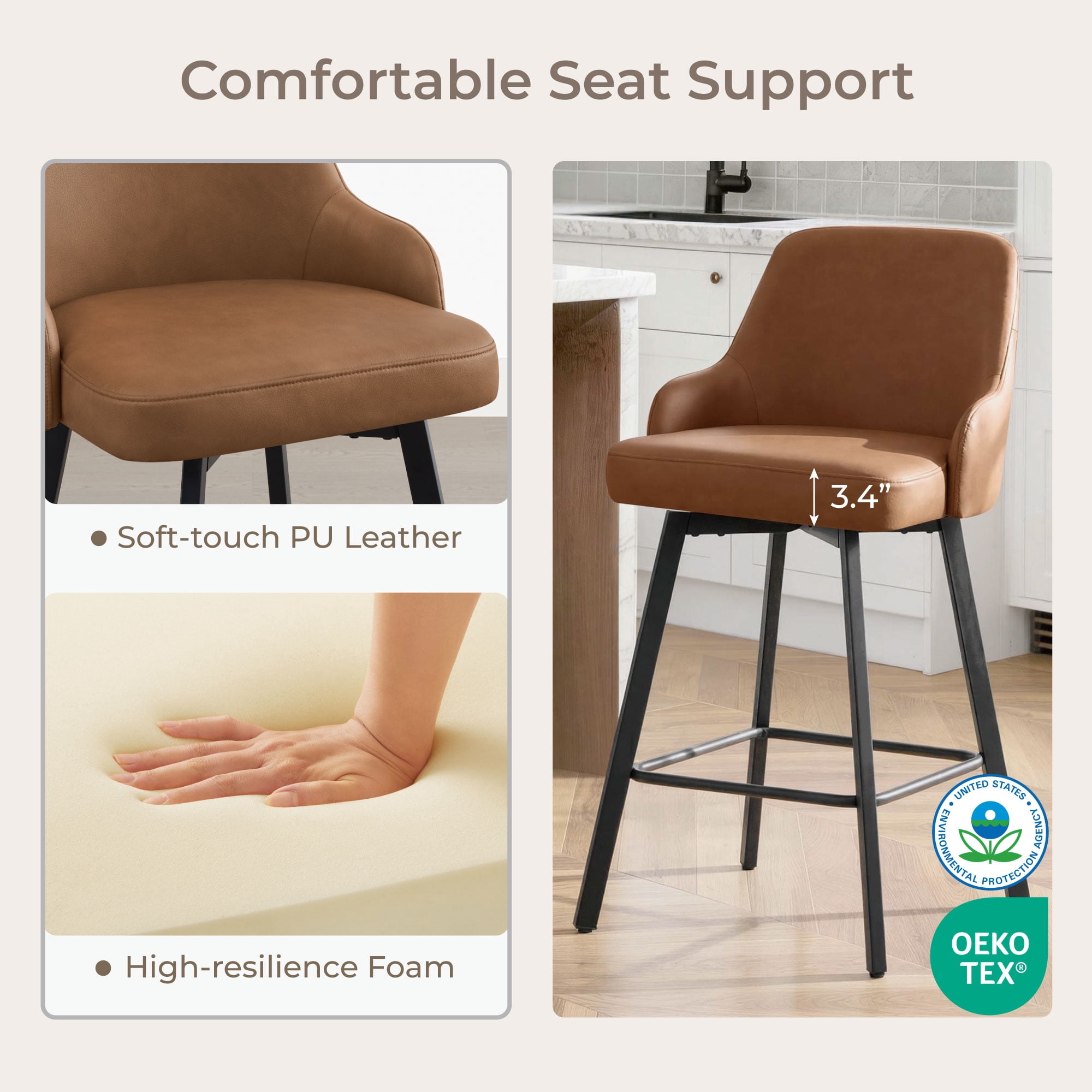 Spruce & Spring Swivel Counter Stools Set of 2, Modern Faux Leather Bar Stools with Back and Arms, Diamond Stitch Upholstered Kitchen Island Chairs, Matte Black Metal Legs, Counter Height, Brown