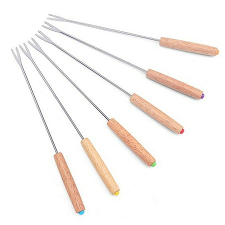 

6pcs Fondue Fork Multifunctional Stainless Steel Wooden Handle Fondue Fork For Fruit Cheese Fondue Chocolate Fountain