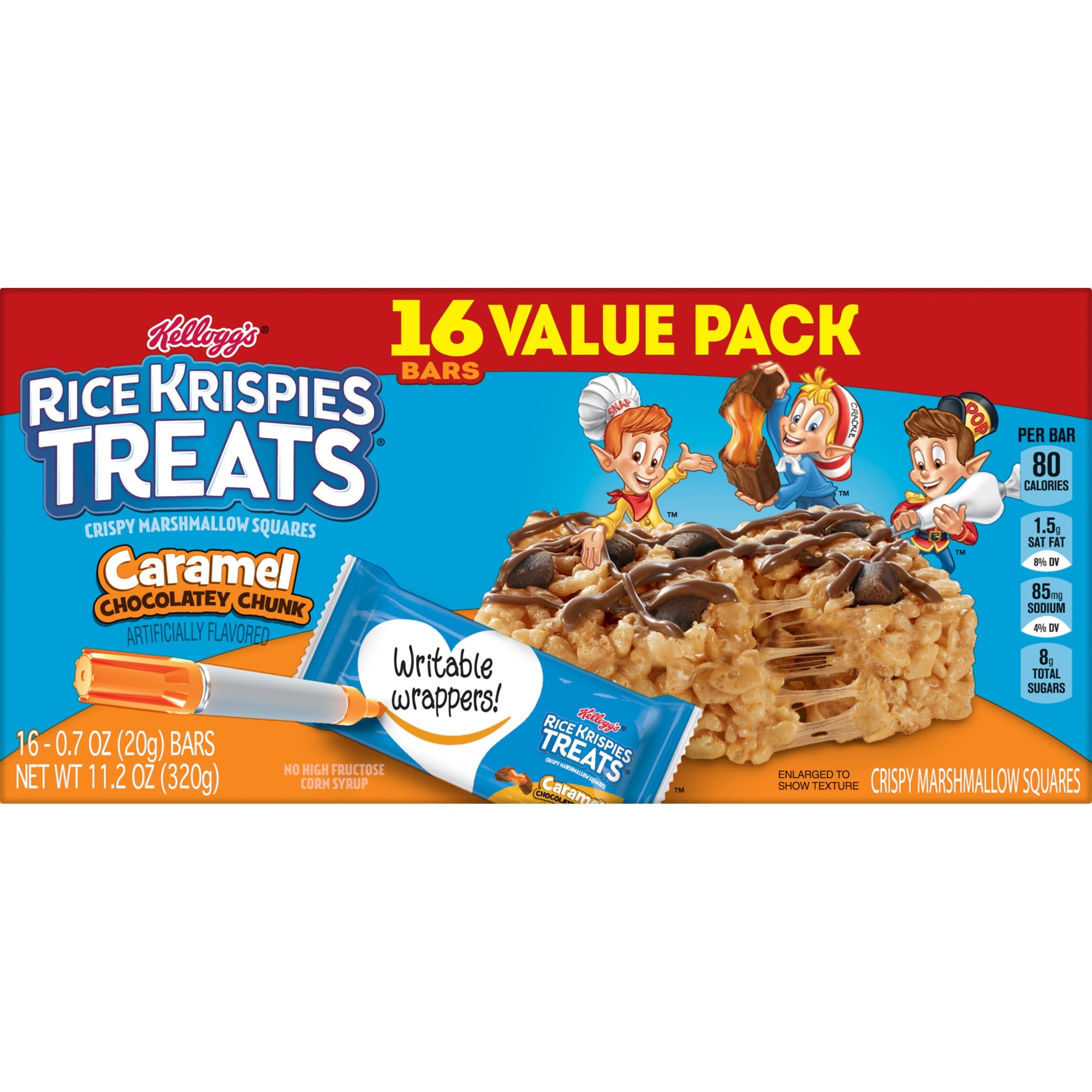 Rice Krispies Treats Caramel Chocolatey Chunk Chewy Marshmallow Snack Bars, Kids Snacks, 11.2 oz, 16 Count