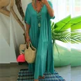 thumbnail image 1 of Vestido largo plisado de manga corta con cuello en V profundo para mujer, vestido de verano, vestido de cintura suelta, Color sólido, cómodo, informal, 1 of 4