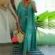 thumbnail image 4 of Vestido largo plisado de manga corta con cuello en V profundo para mujer, vestido de verano, vestido de cintura suelta, Color sólido, cómodo, informal, 4 of 5
