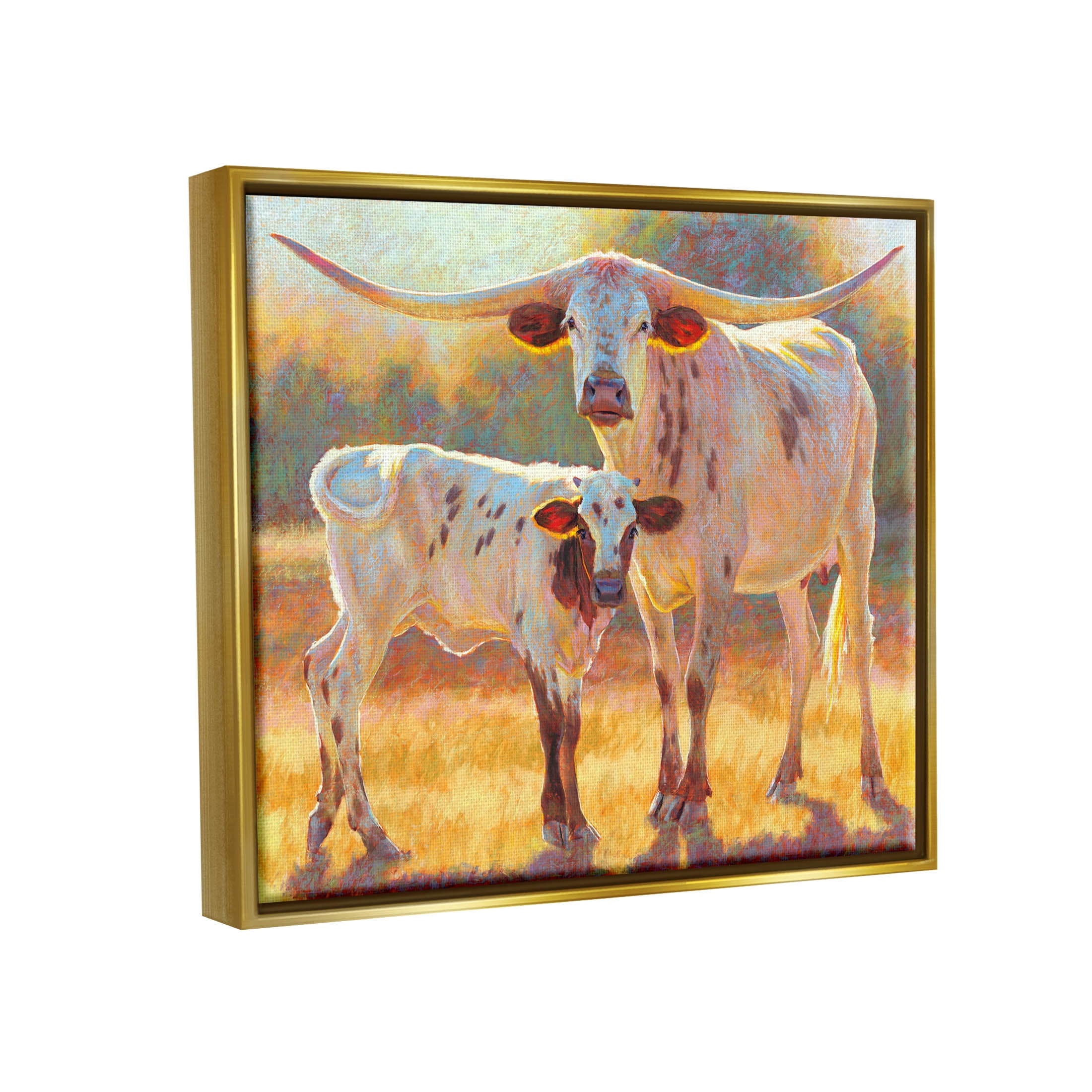 Longhorn & Calf Standing Farm Field Animals & Insects Painting Metallic Gold Framed Art Print Wall Art