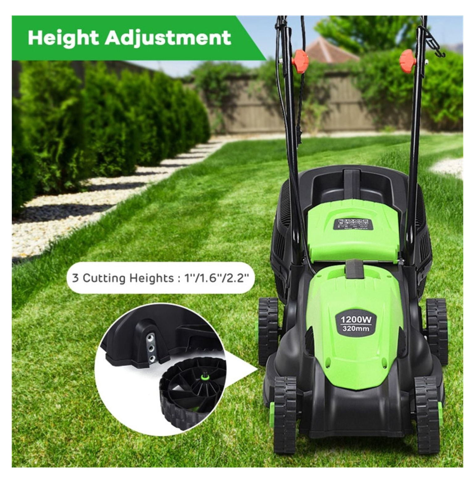 13-Inch Electric Lawn Mower, 8 Gal Grass Collection, 3 Height Settings, Lightweight 15.5 LBS Push Mower for Small Gardens - Green