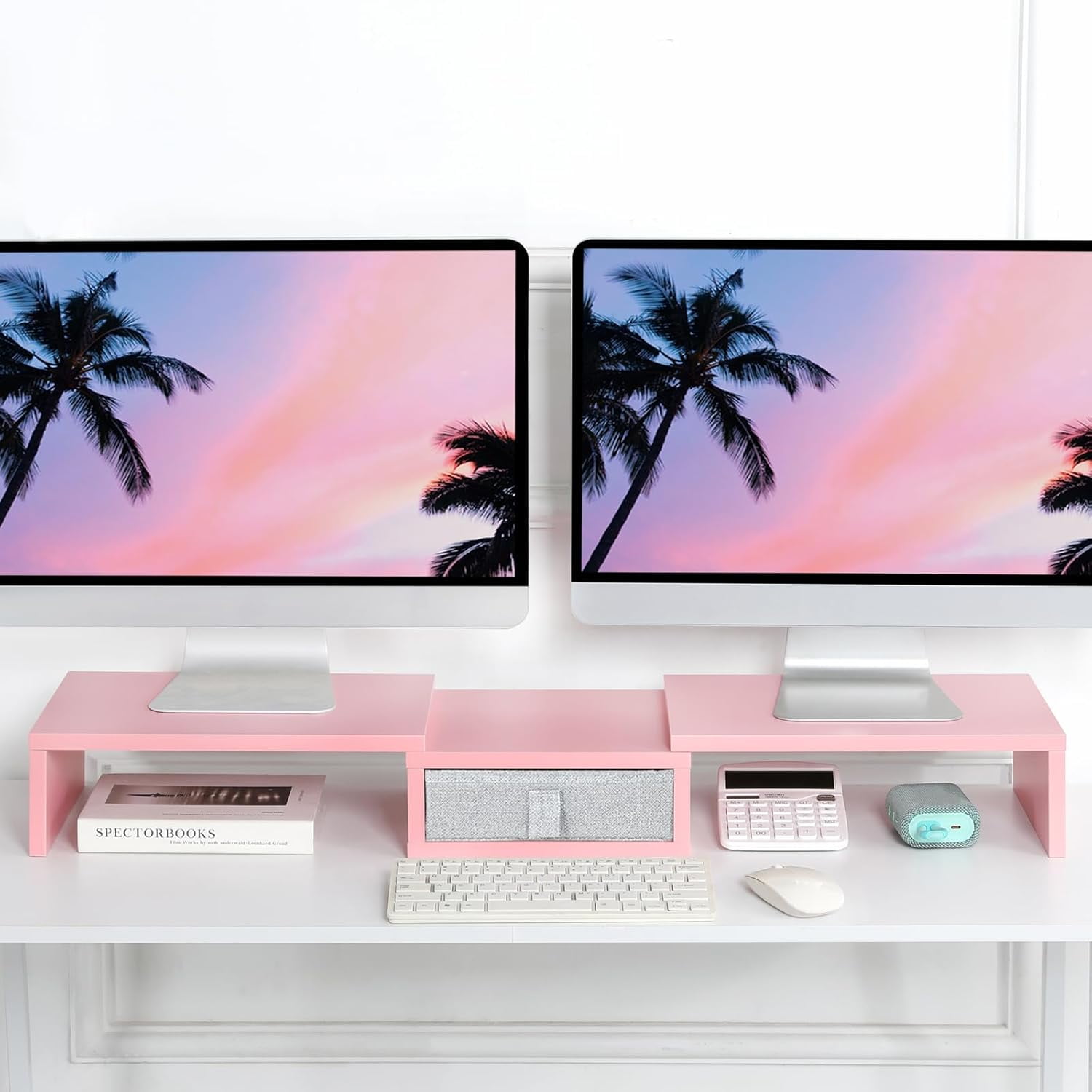 Pink Dual Monitor Stand Riser with Drawer - Length and Angle Adjustable Double Corner Desk Shelf Organizer 37 inch for 2 Laptop/PC/Screen/TV