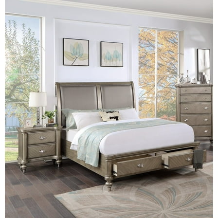 Eastern King Size Bed And 2x Nightstands Grey Finish Bedroom Furniture 3pc Set Gorgeous Classic Luxury Wooden Veneer