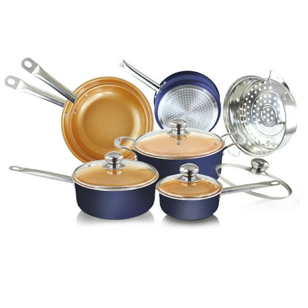 11 pcs Blue colour Copper Cookware including Non-Stick Frying Pan with Ceramic Coating