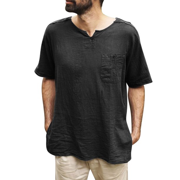 Hombres Casual Solid Pullover Manga corta Algodón Lino Pequeño V Tie Pocket Shirt TopS Pompotops oipoqjl46648