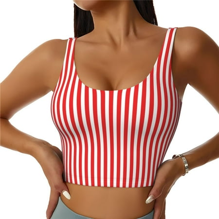 Fotbe Red And White Stripes Pattern Womens  Sports Bra Longline Wirefree Padded with Medium Support Sports Moisture-Wicking Workou Vest Tank Top-XX-Large