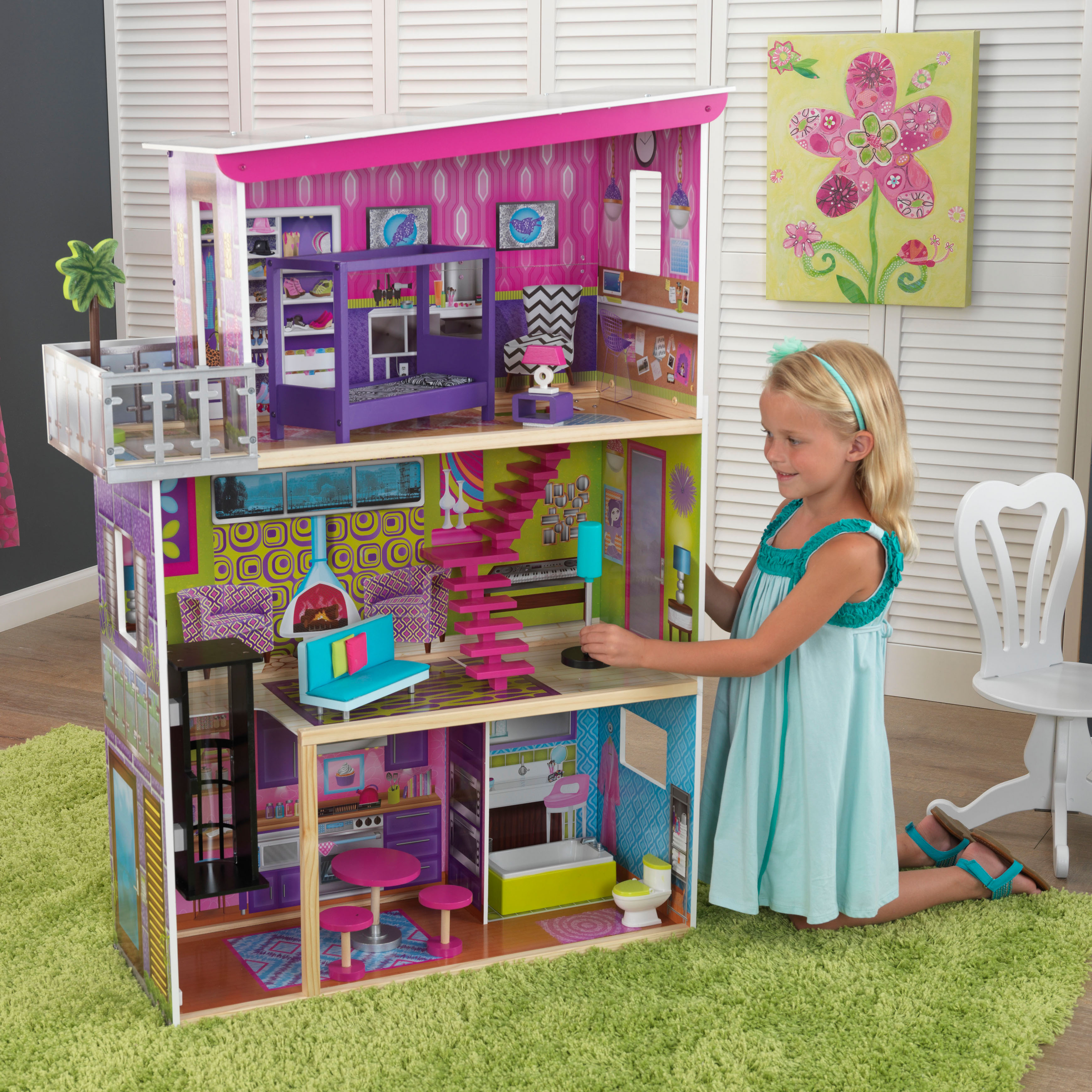KidKraft Super Model Wooden Dollhouse with Elevator and 11 Accessories, Ages 3 and up - image 2 of 9