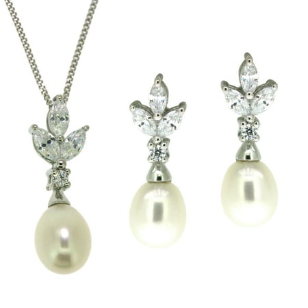 Sterling silver freshwater pearl with white CZ accent pendant and earring 2pcs box set