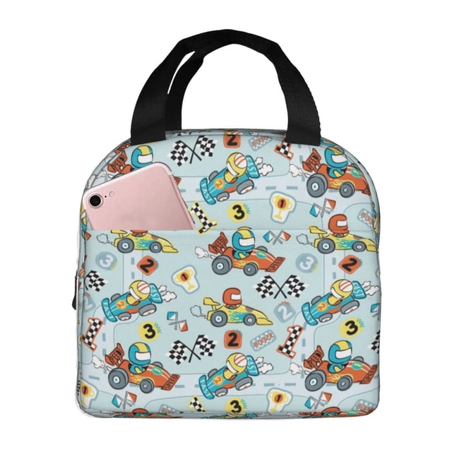 Fotbe Cartoon Car Racing Pattern Insulated Lunch Bag – Thick Aluminum Foil Lunch Box, Waterproof Thermal Tote with Front Access Pocket, Keeps Food Fresh for 4 Hours