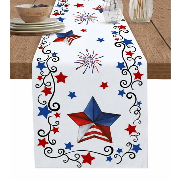 Independence Day Table Runner 60 Inches, Red Blue Patriotic Star Firework Bed Runner Dresser Scarves Tabletop for Indoor Outdoor Parties/Ceremony/Banquet, 13" x 60"