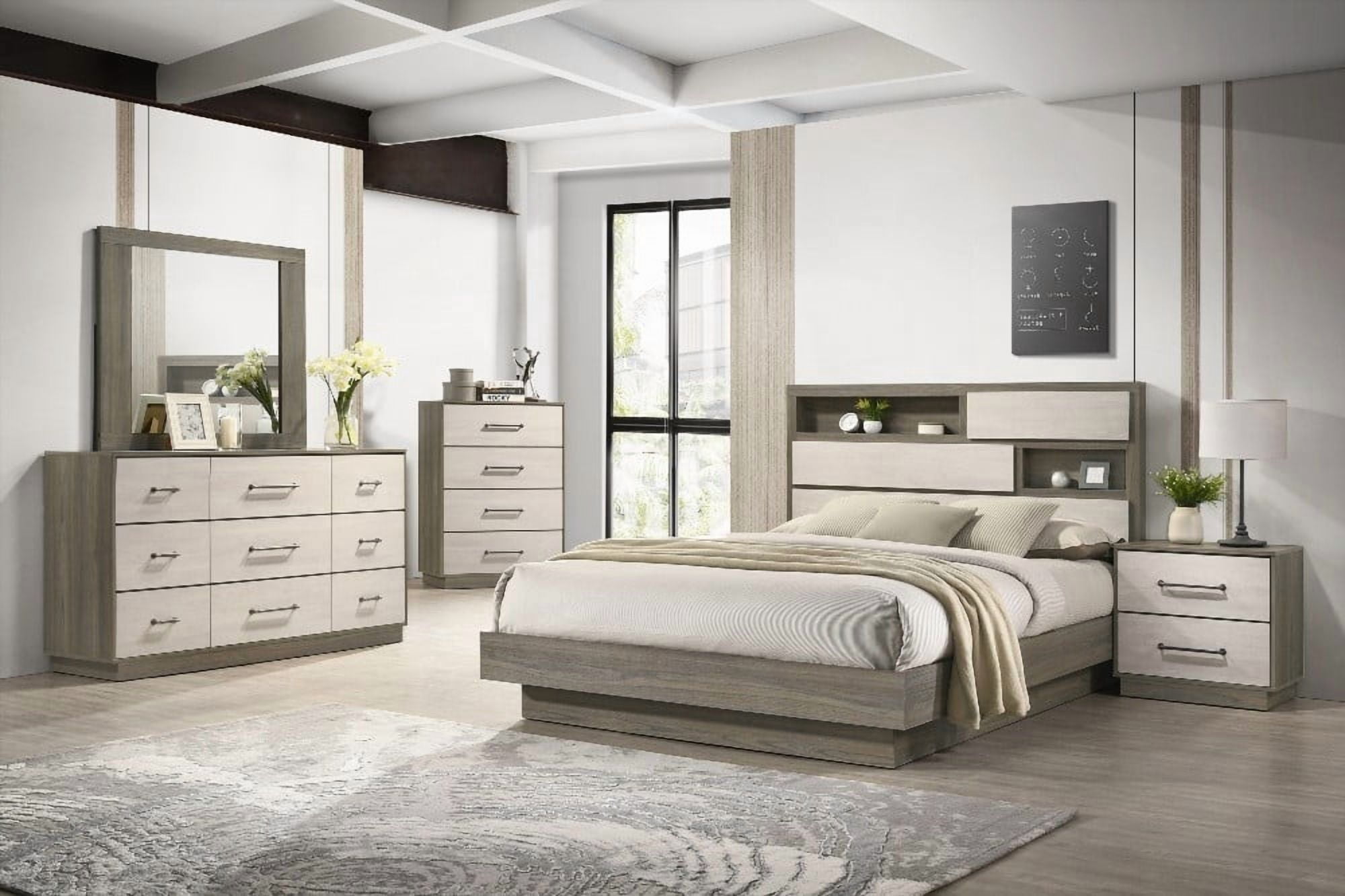 Modern King Bed Made of Wood in Beige & Brown with Two-Tone Headboard