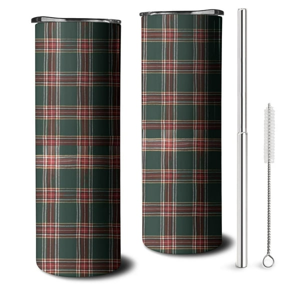 20oz Green and Red Christmas Plaid Pattern Skinny Tumblers Stainless Steel Tumbler with Lid and Straw,Vacuum Insulated Double Wall Travel Tumbler Cups with Cleaning Brush for Coffee,Tea