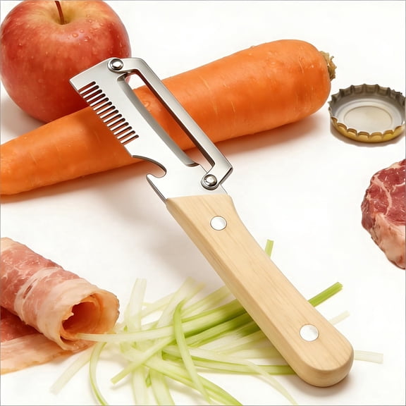 Multifunctional Vegetable Peeler, Vegetable Peeler with Wooden Handle, for Fruit, Vegetables, Meat Slicing, Green Onion Shredding & Bottle Cap Opener