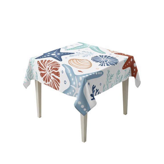 Teal Blue Brown Starfish Coastal Suqare Tablecloth - 60 x 60 Inch, Summer Beach Nautical Coral Sea Waterproof & StainResistant Tablecloth, Oil-proof Table Cover for Dining/Party/Wedding/Camping