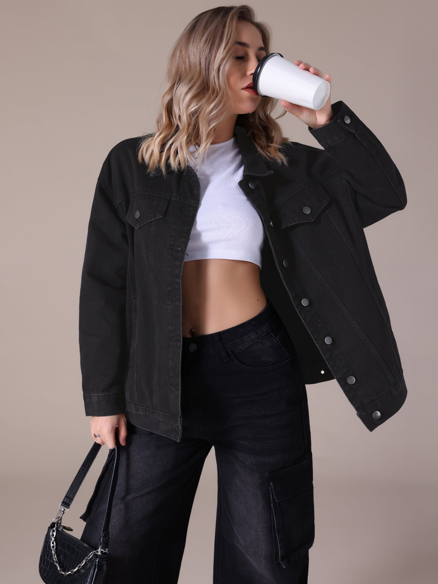 Unique Bargains Women's Casual Denim Jacket with Oversized Pockets XL Black