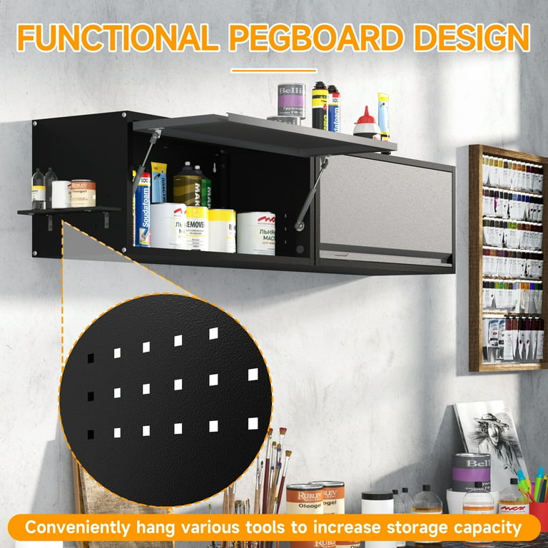 Metal Garage Wall Cabinet with Doors Side with Holes,13.8"H 1 Door Small Wall Hanging Tool Chest Cabinet ,Garage Storage Cabinet for Garage, Basement, Kitchen, Warehouse,Office, Bathroom-Black Gray
