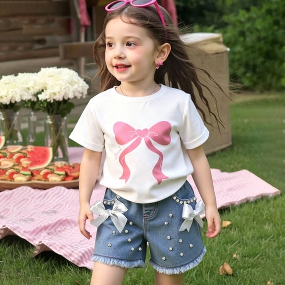 Girls 2-Piece Summer Outfits Bow Print Short Sleeve T-Shirt & Rhinestone Bow Denim Shorts Casual Cute Set for Kids White Size 6-7 Years