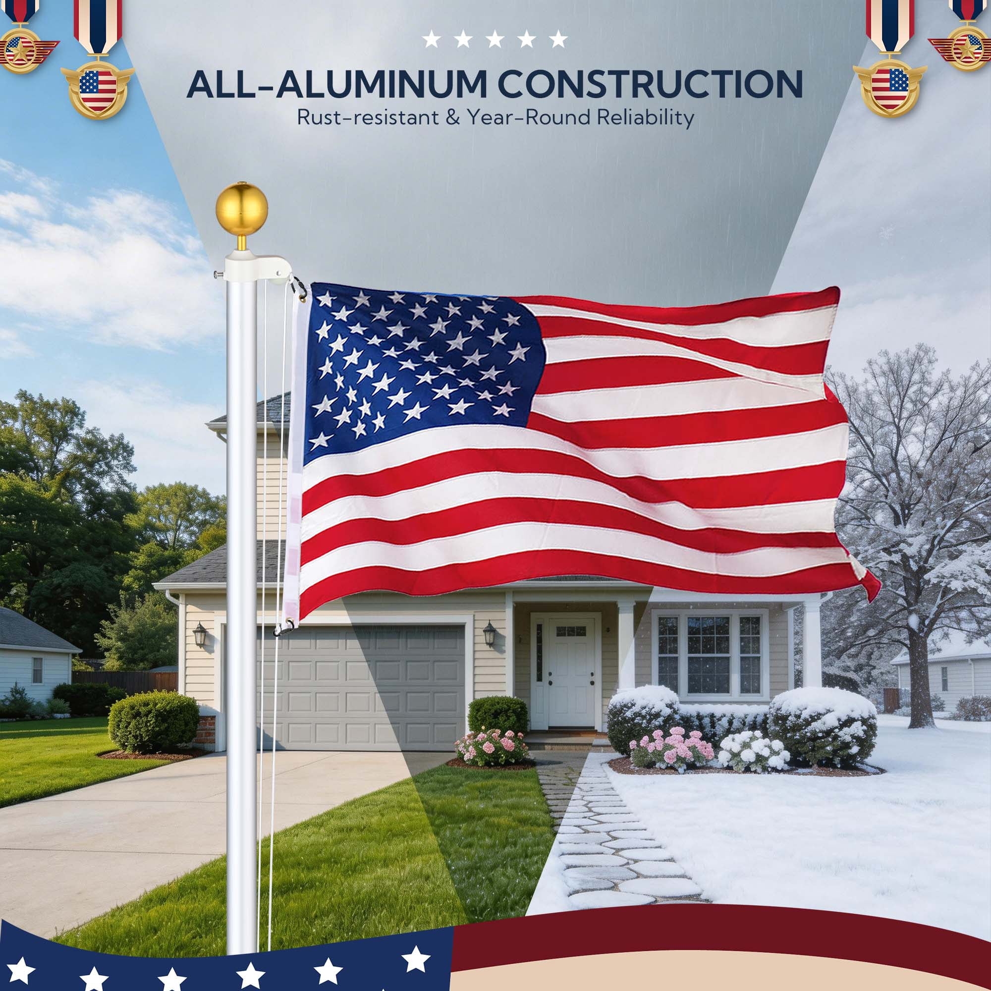 Yescom ALL Aluminum Flag Pole Hardware Repair Kit 50FT Wire Core Halyard Rope Gold Ball Topper for 20/25/30 FT Sectional Pole with 1 13/16" Dia.
