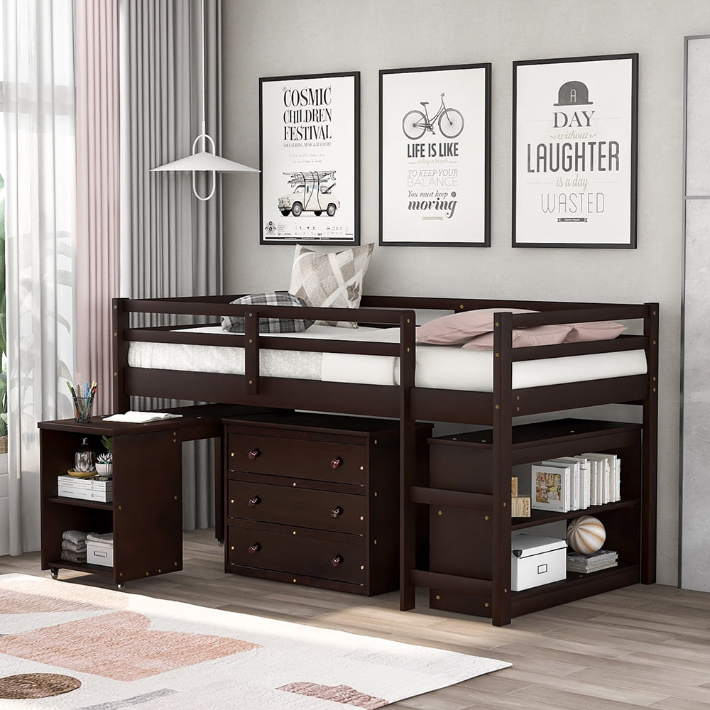 Kepooman Twin Size Modern Wooden Low Study Loft Bed with Cabinet & Rolling Desk, 78.3" x 42.5" x 44.5", Espresso Kepooman Twin Size Modern Wooden Low Study Loft Bed with Cabinet & Rolling Desk, 78.3" x 42.5" x 44.5", Espresso