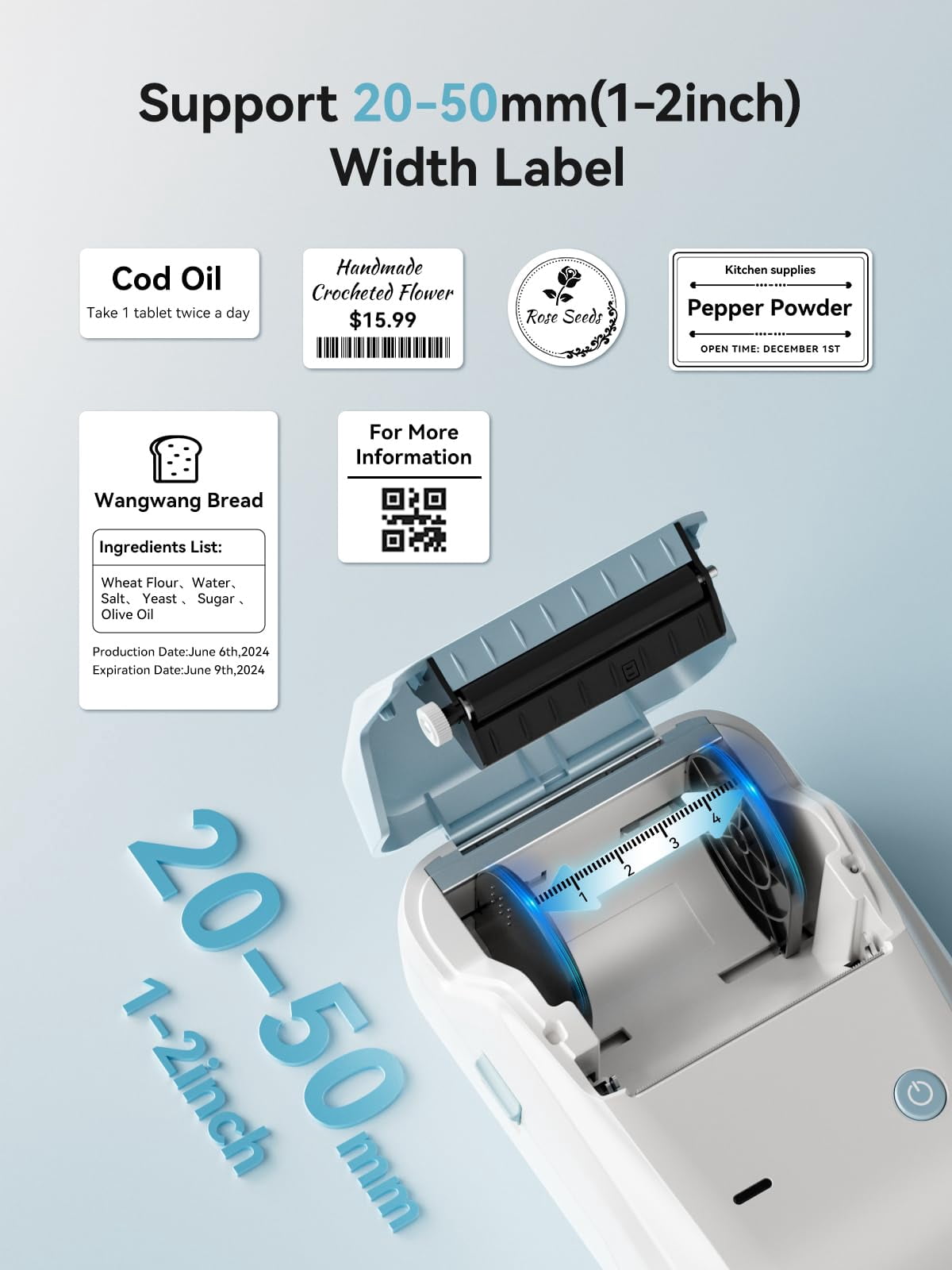 Label Maker Machine With Tape  B1 Printer 2 Inch Large Waterproof Inkless Thermal For School Items Classroom Teacher Light Blue