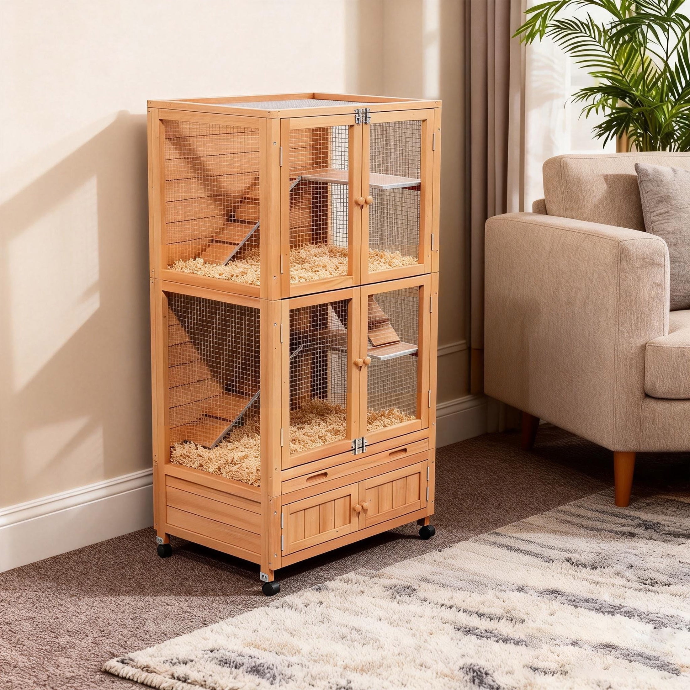 4-Tier Mobile Large Hamster Cages with Wire Mesh,Wooden Gerbil Habitats with 6 Magnetic Doors and Storage Shelf, Natural
