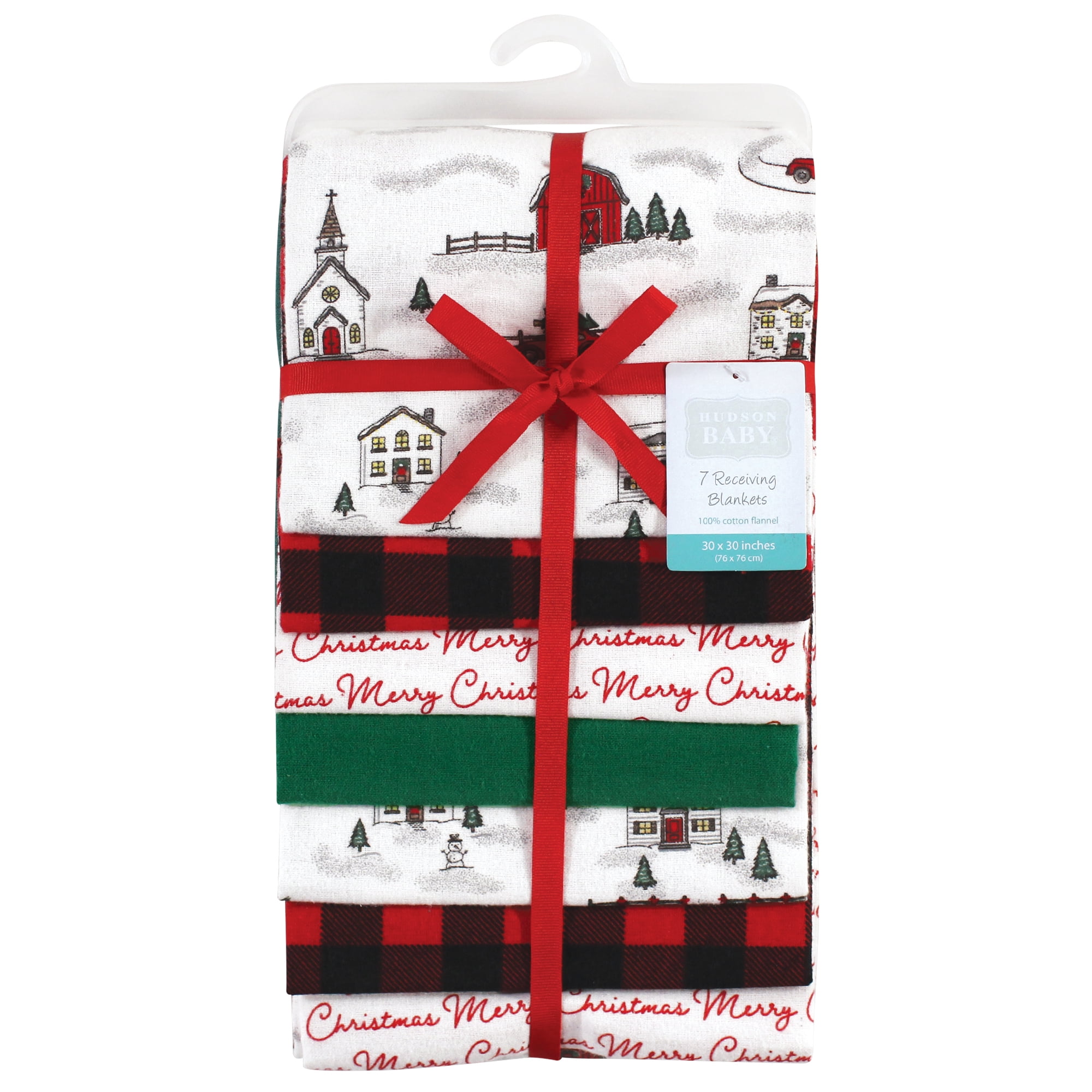Little Treasure Hudson Baby Cotton Poly Flannel Receiving Blankets 7-Pack, Red Christmas Scene, 30x30 inches
