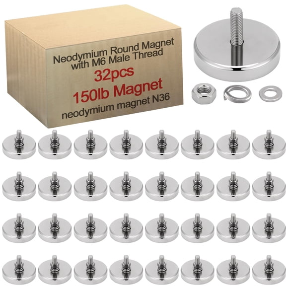 Flutesan 32 Pieces Super Powerful Neodymium Round Magnet with M6 Male Thread Bolts 150lb Heavy Duty Strong Rare Earth Mounting Magnet with Stud for Lighting Camera B