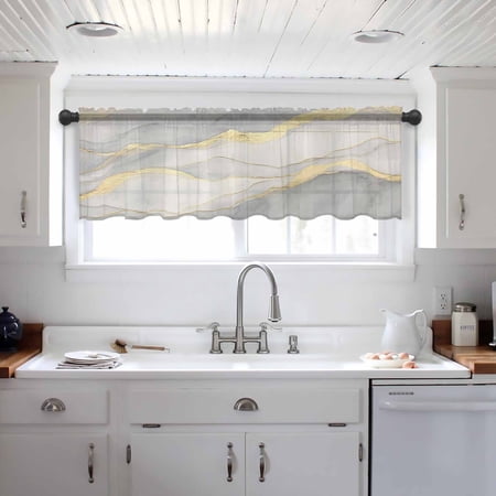 Marble Grey Valance Curtains for Kitchen/Living Room/Bathroom/Bedroom Window, Modern Gold Luxury Neutral Texture Rod Pocket Small Topper Half Short Window Curtains Voile Sheer Scarf 42"x12"