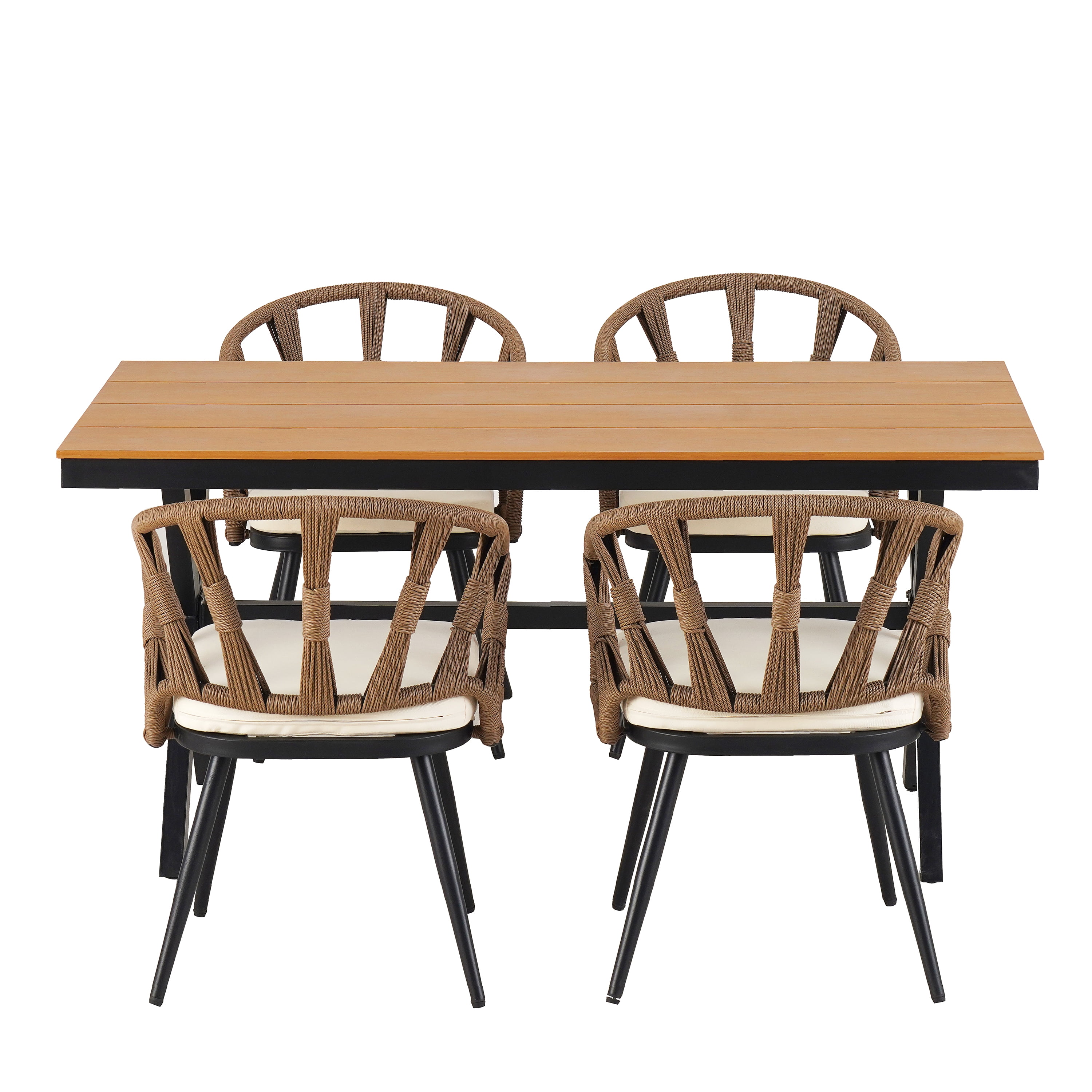 Harper & Bright Designs Outdoor Patio Dining Table Set with Plastic Wood Table, All-Weather Outdoor Furniture Dining Set with PE Rattan Chairs for 4, Brown