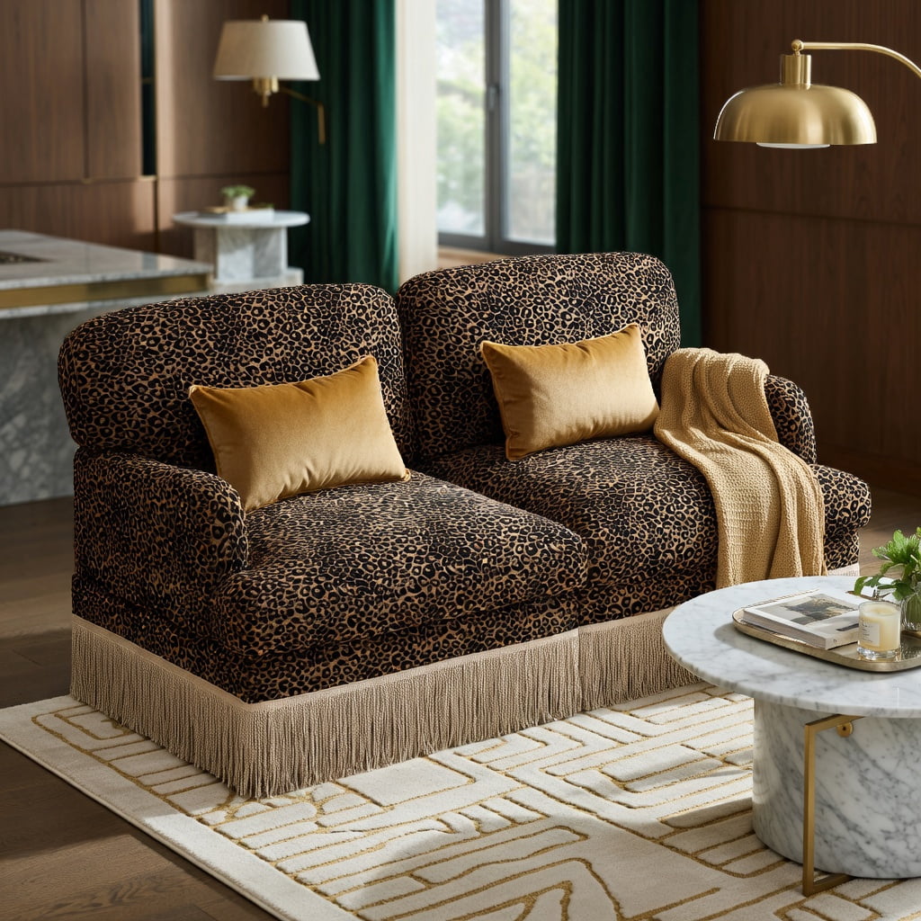 Hommoo Leopard Print Chenille Loveseat Sofa with Tassel Trim, 2-Seat Modular Sectional Couch, Ergonomic Deep Seat Design, Easy Assembly, Modern Living Room Sofa, Brown