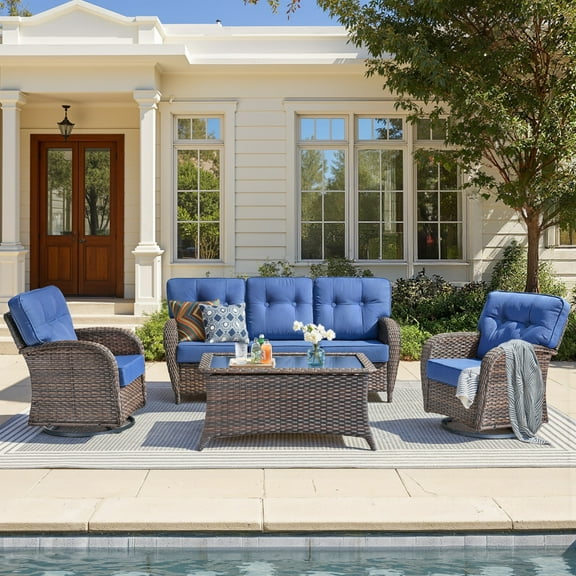Unnifurnzi 4 Pieces Patio Furniture Set-High Back Outdoor Couch with Swivel Patio Chairs Wicker Patio Furniture for Deck Porch Garden Balcony Poolside-Brown/Blue